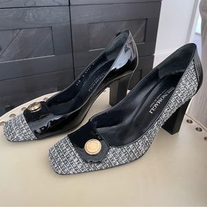 Bruno Magli Vintage Black Patent and Black/Grey Tweed 3.5 inch Pump in Size 8.5